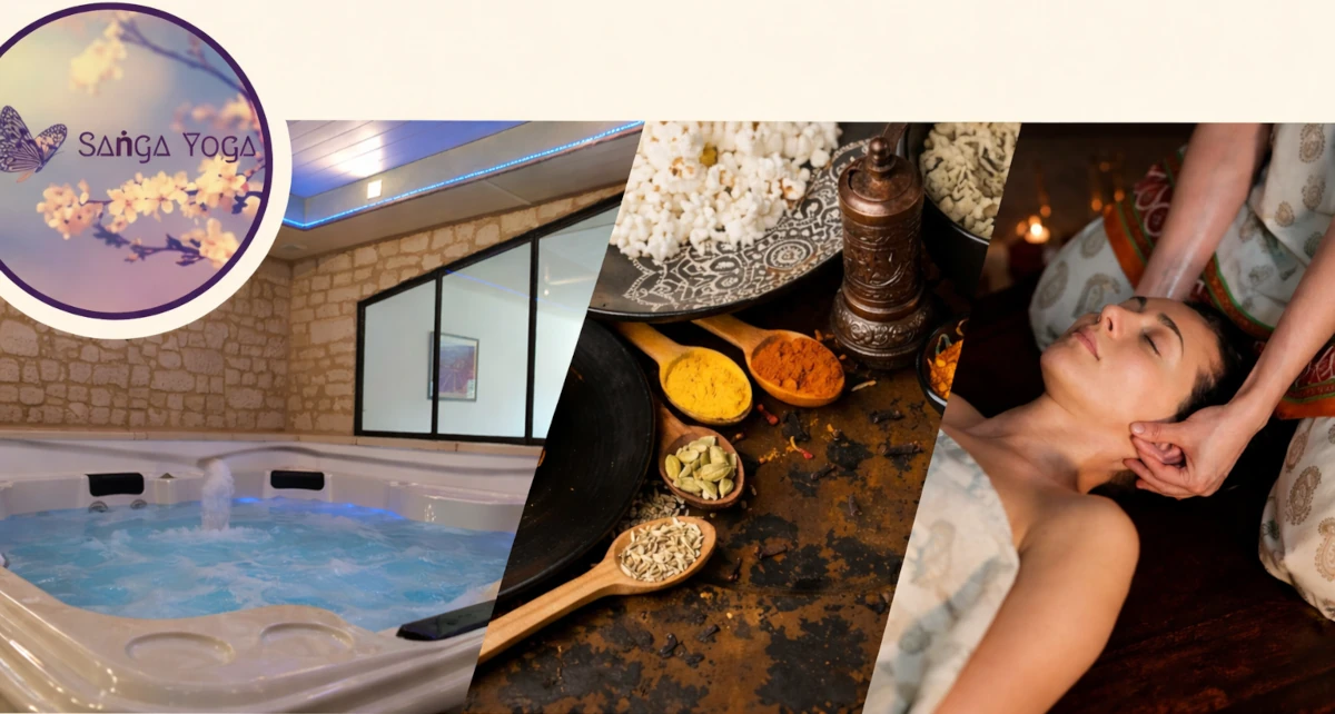 Bandeau panoramique Sanga Yoga présentant une piscine intérieure, des épices indiennes traditionnelles, un massage relaxant et le logo Sanga Yoga.